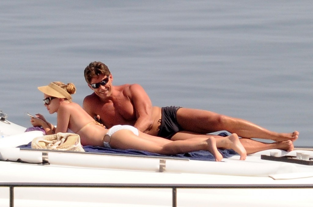 actress Scarlett Johansson on board luxury yacht cinzia with bodyguard in italy 