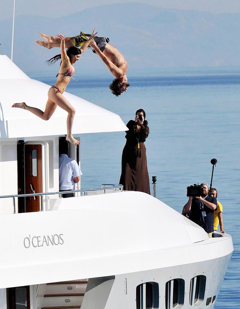 brody jenner and kylie kardashian dive from the top deck of luxury yacht O'Ceanos in  greece 