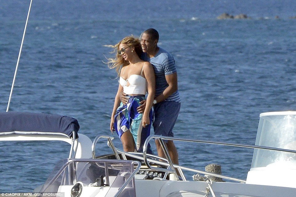 beyonce and jay z on tender to Superyacht Galactica Star